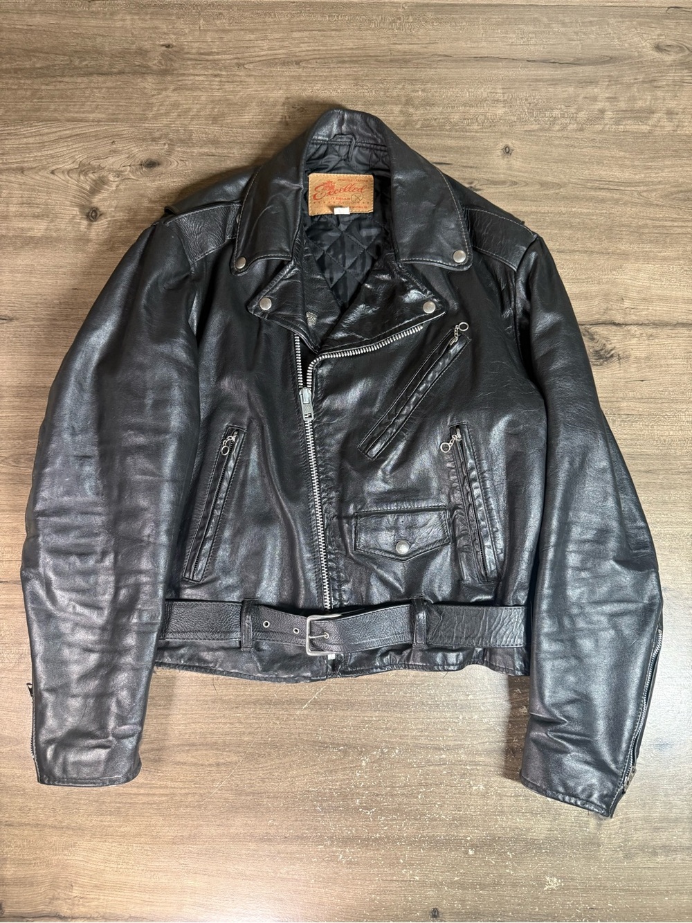 Vintage 70s Excelled Leather Motorcycle Jacket 42R USA Biker Perfecto Harley Pin